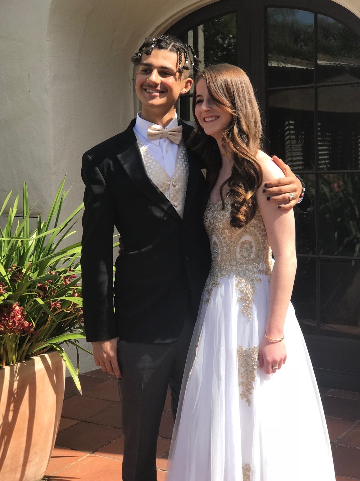 gold amd white strapless prom dress