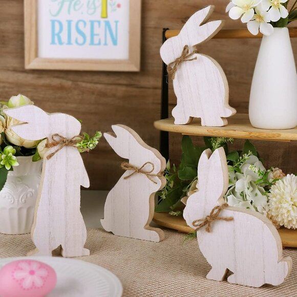 NEW 4 pcs Easter Bunny Natural Wooden Table Signs