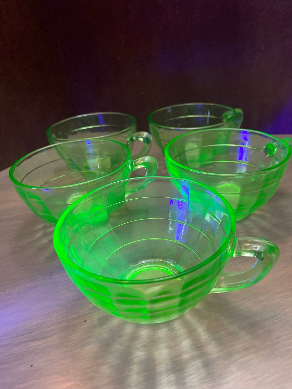 Vintage Anchor Hocking Green Uranium Vaseline Glass Block Optic Cup - Set of 5