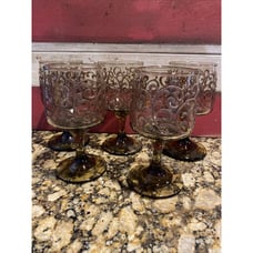 Libbey Prado Stemmed Glassware Barware Scroll Embossed Brown Set 5 Mid Century