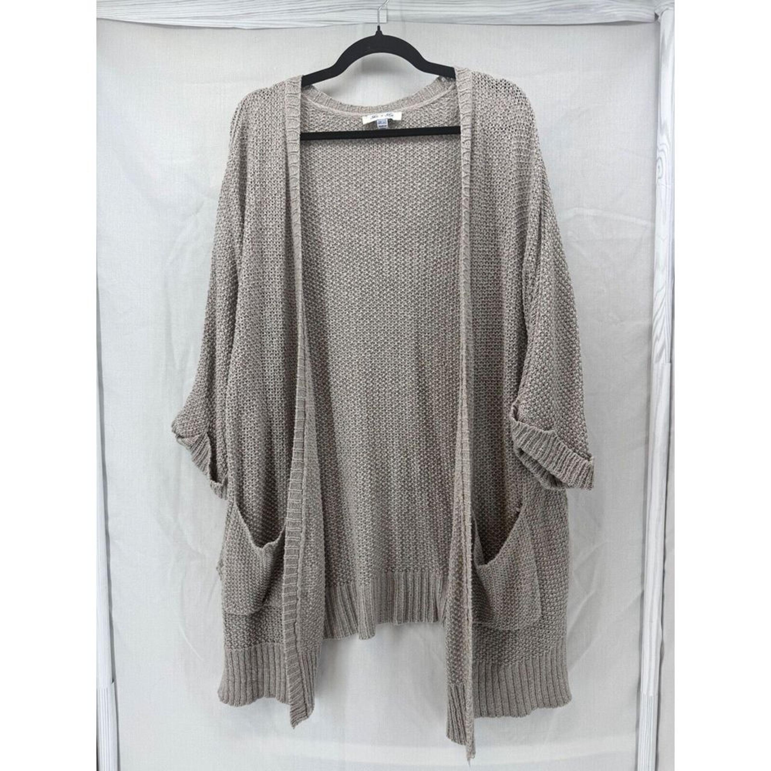 She & Sky Womens Cardigan Cuffed Sleeve Open Knit Sweater Gray One Size