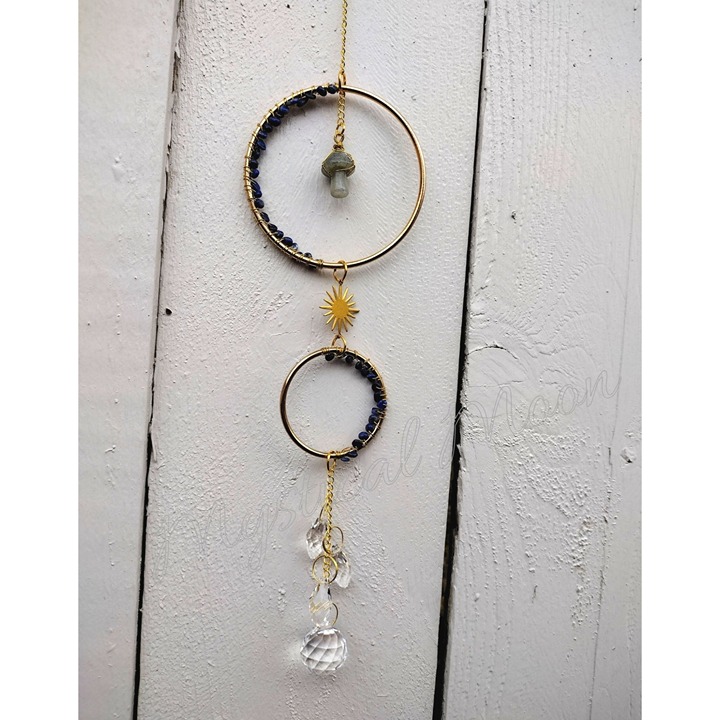 Gemstone Suncatcher Sun Catcher Grey Tourmaline Mushroom and Lapis Lazuli Prism Gemstone Suncatcher Sun Catcher Grey Tourmaline Mushroom and Lapis Lazuli Prism