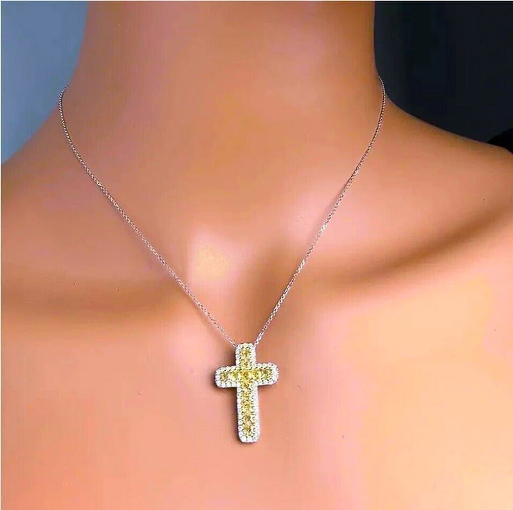 2ct Canary Yellow Topaz Cross Necklace 1ct Diamond Womens Christian Jewelry NEW