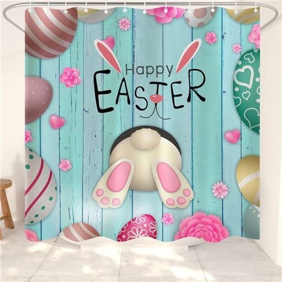 Happy Easter 4Pcs Shower Curtains Set with Non-Slip Rugs