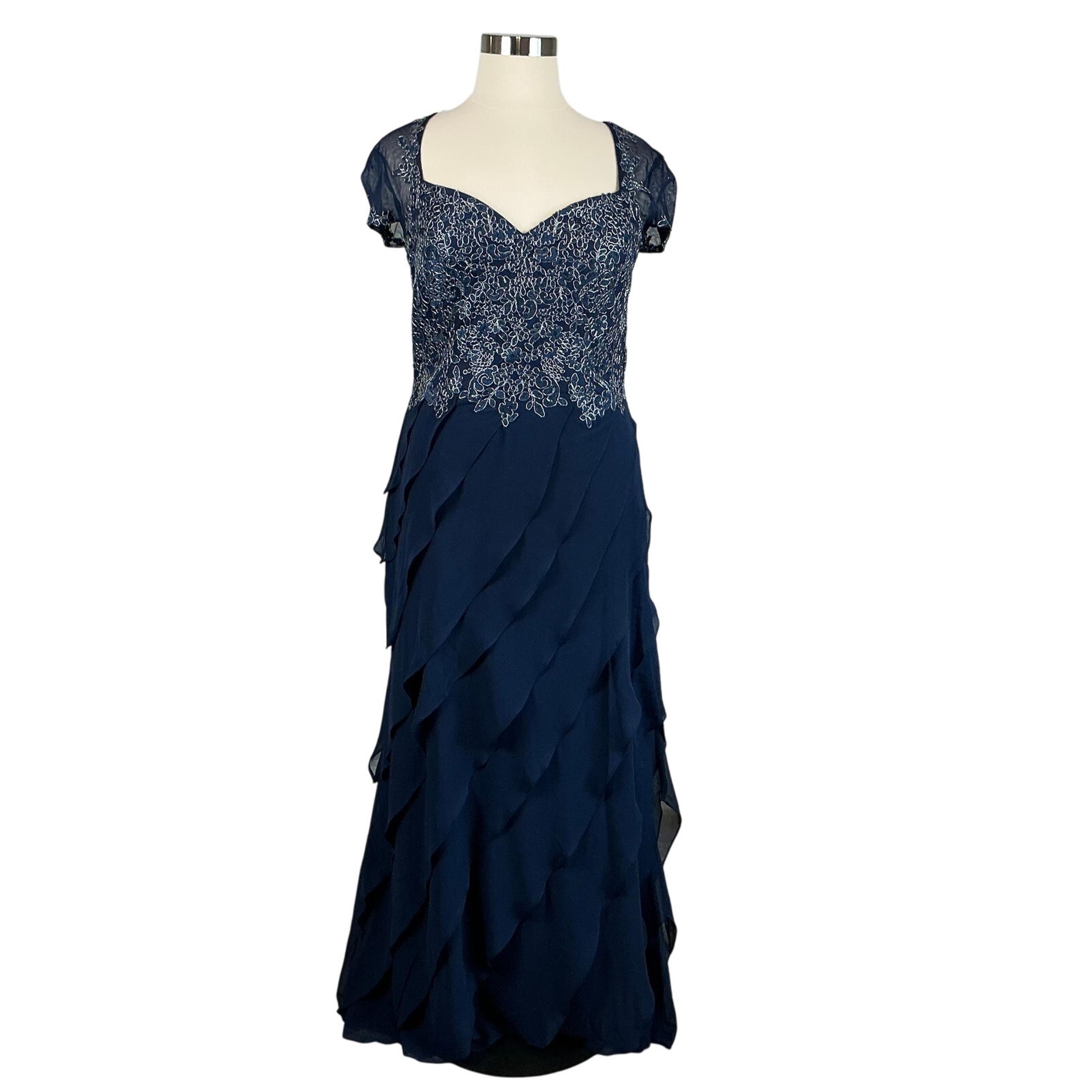 XSCAPE Women's Formal Dress Size 16 Blue Metallic Chiffon Ruffled Long Gown