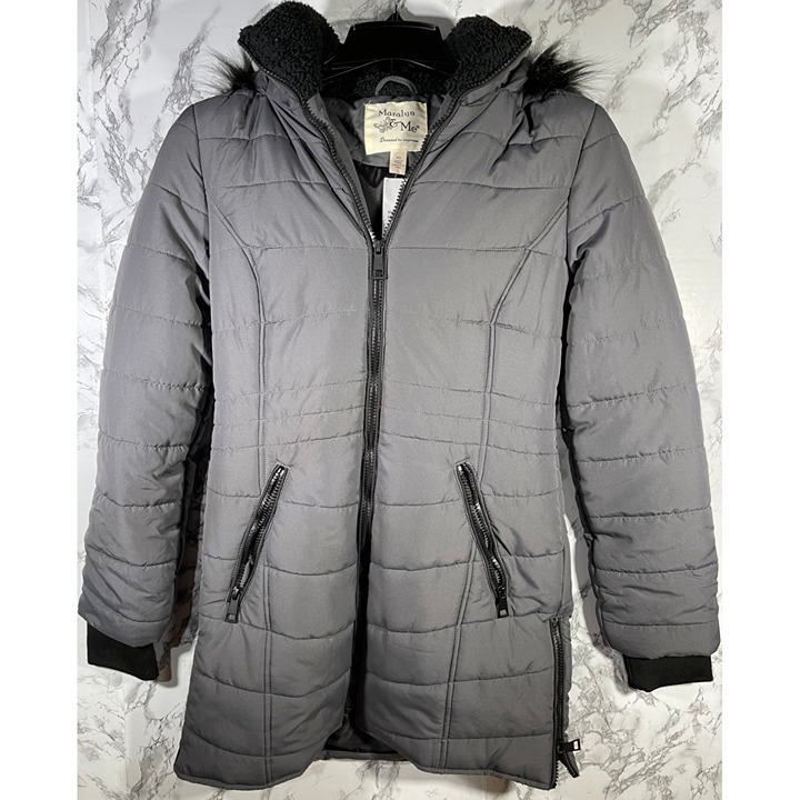 Maralyn & Me Womens Juniors Long Puffer Coat With Faux Fur Hood & Side Zippers