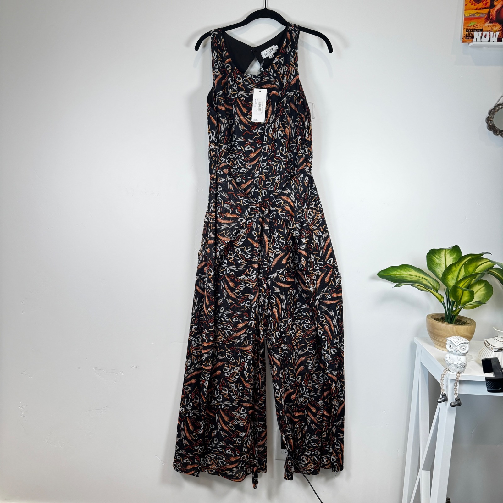 Molly Bracken Jumpsuit Wide Leg Black Fauve Print Sleeveless Size M