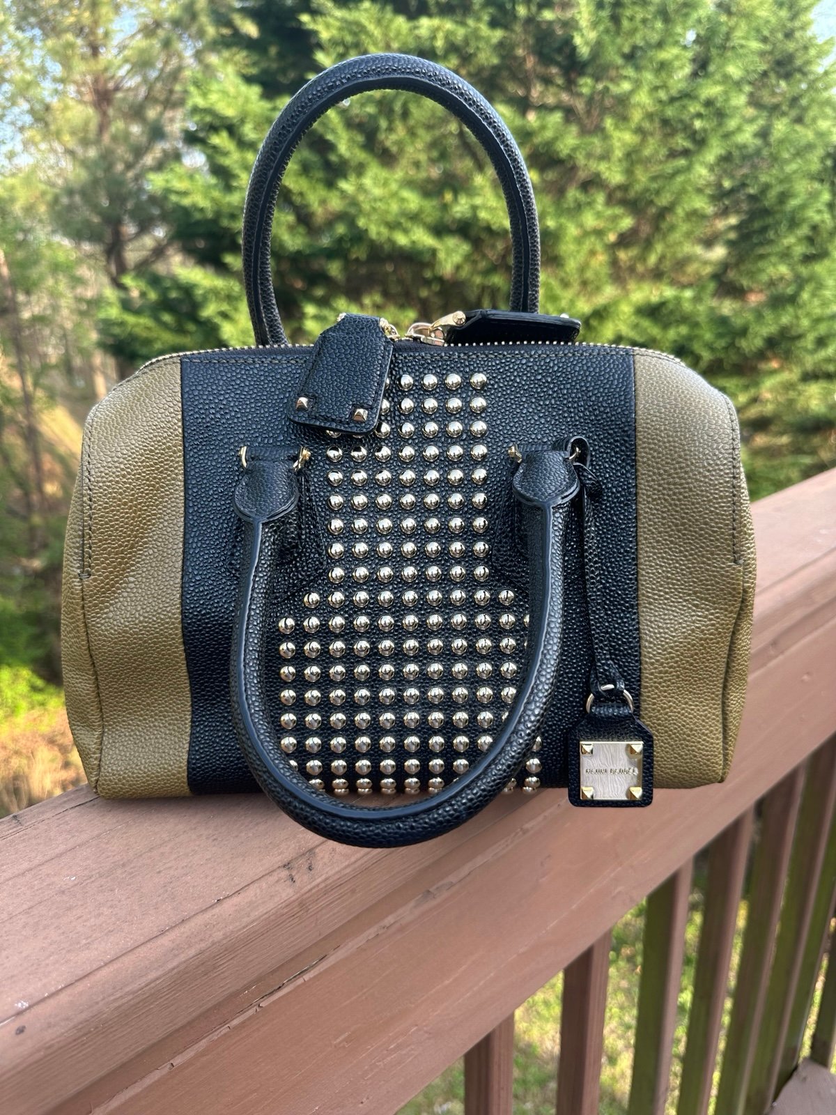Henri Bendel Carlyle Bag- Army Green/Black Pebbled Leather and Gold Studs