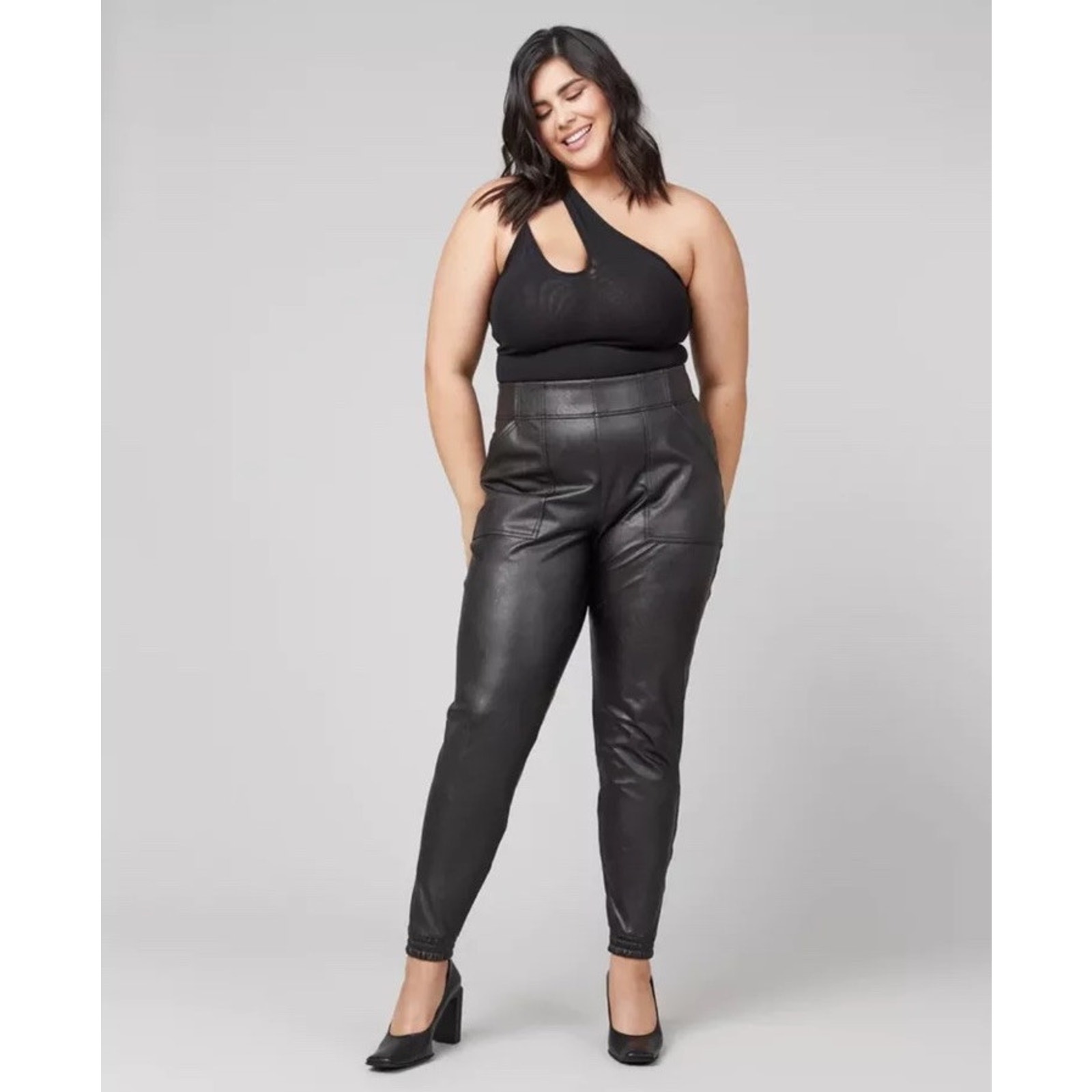 SPANX Faux Leather Jogger Pants XL Pull-On Elastic Waist Pockets Black Vegan