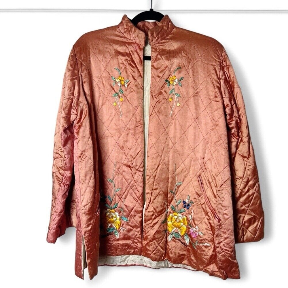 Vintage Women's Japanese Quilted Silk Embroidered Coat Pink Floral 40s - Sz. M