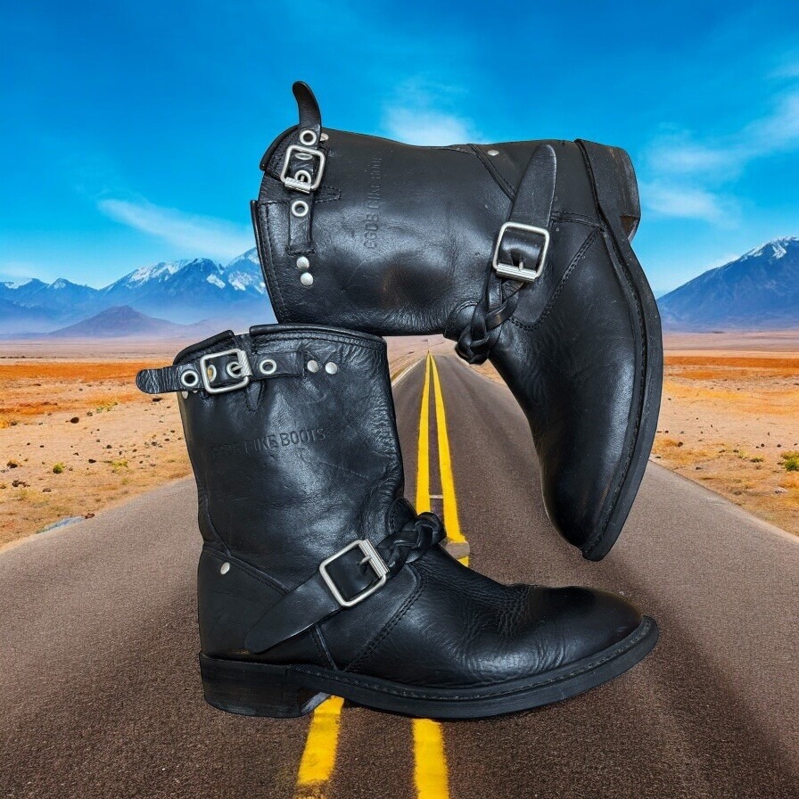 RARE-GOLDEN GOOSE Bikers Deluxe Brand Braided Black Leather Buckle Boots Moto 6