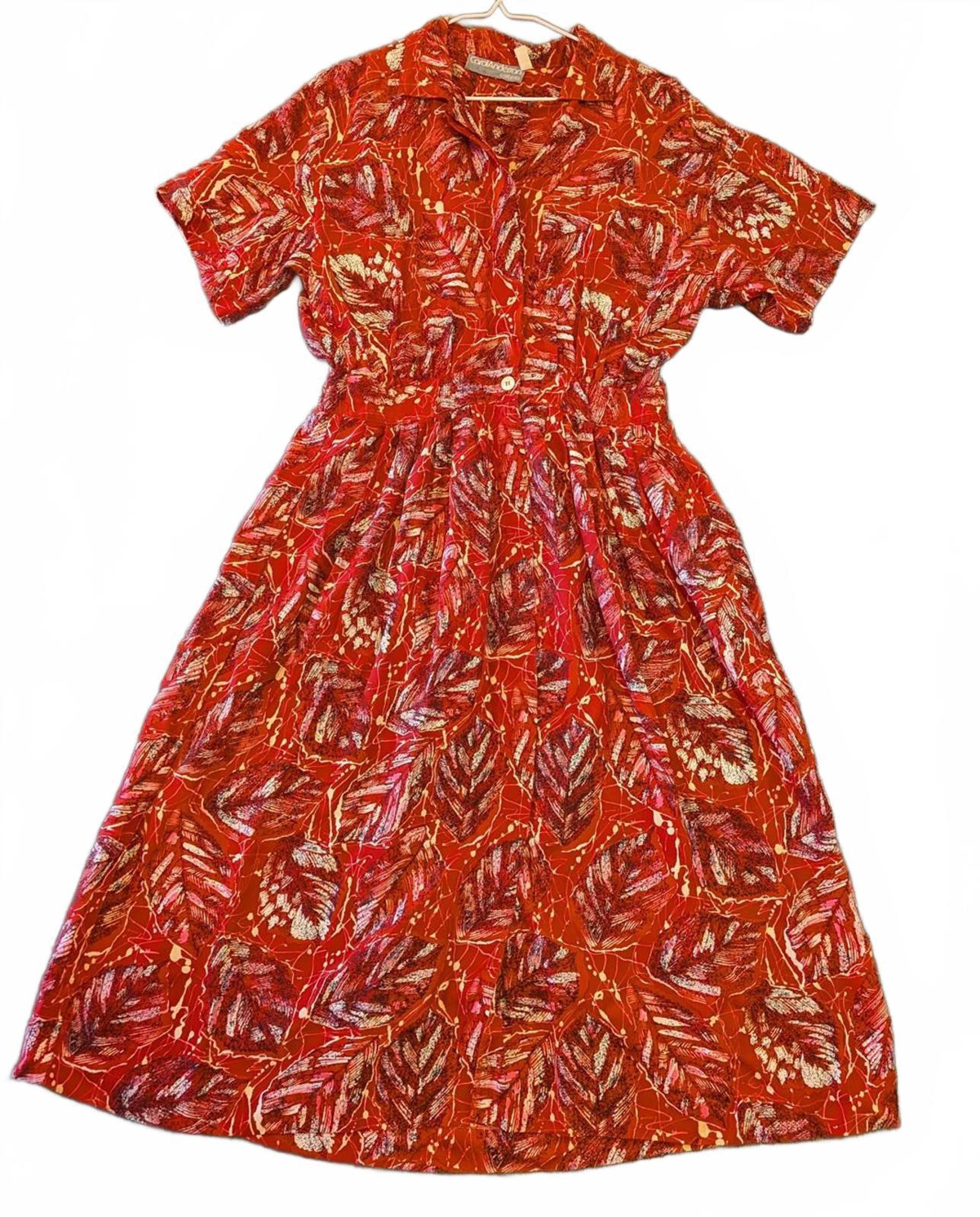 Vintage Carol Anderson Women's Small Red Leaf Pattern Midi Dress