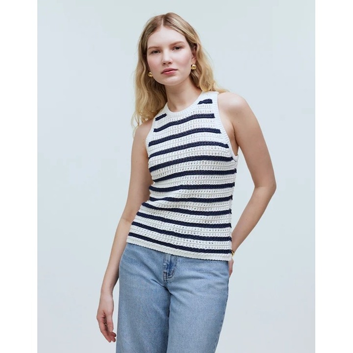 Madewell Crochet-Knit Crewneck Sweater Tank in Bright Ivory Stripe