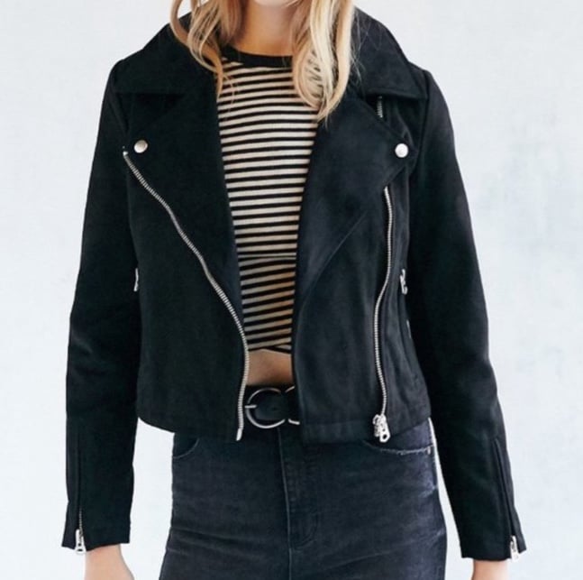 Silence+Noise Black Soft Suede Zip Up Moto Cropped Jacket Large