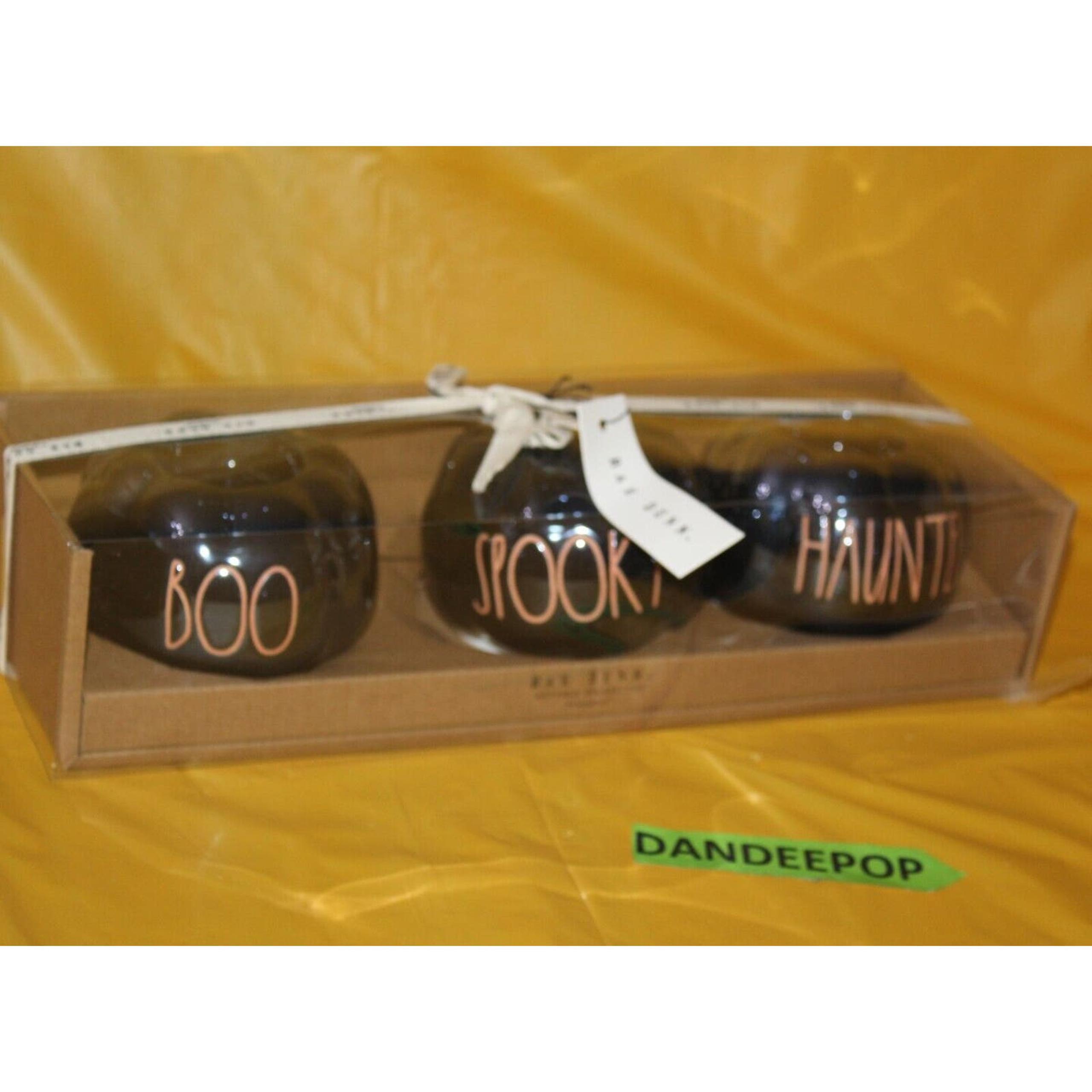 Rae Dunn Boo Spooky Haunted 3 Pc Pumpkin Black Ceramic Luster Candle Holders