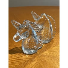 Vintage Pair of Handblown Clear Glass Unicorn Paperweight Art Figuring Fun Decor
