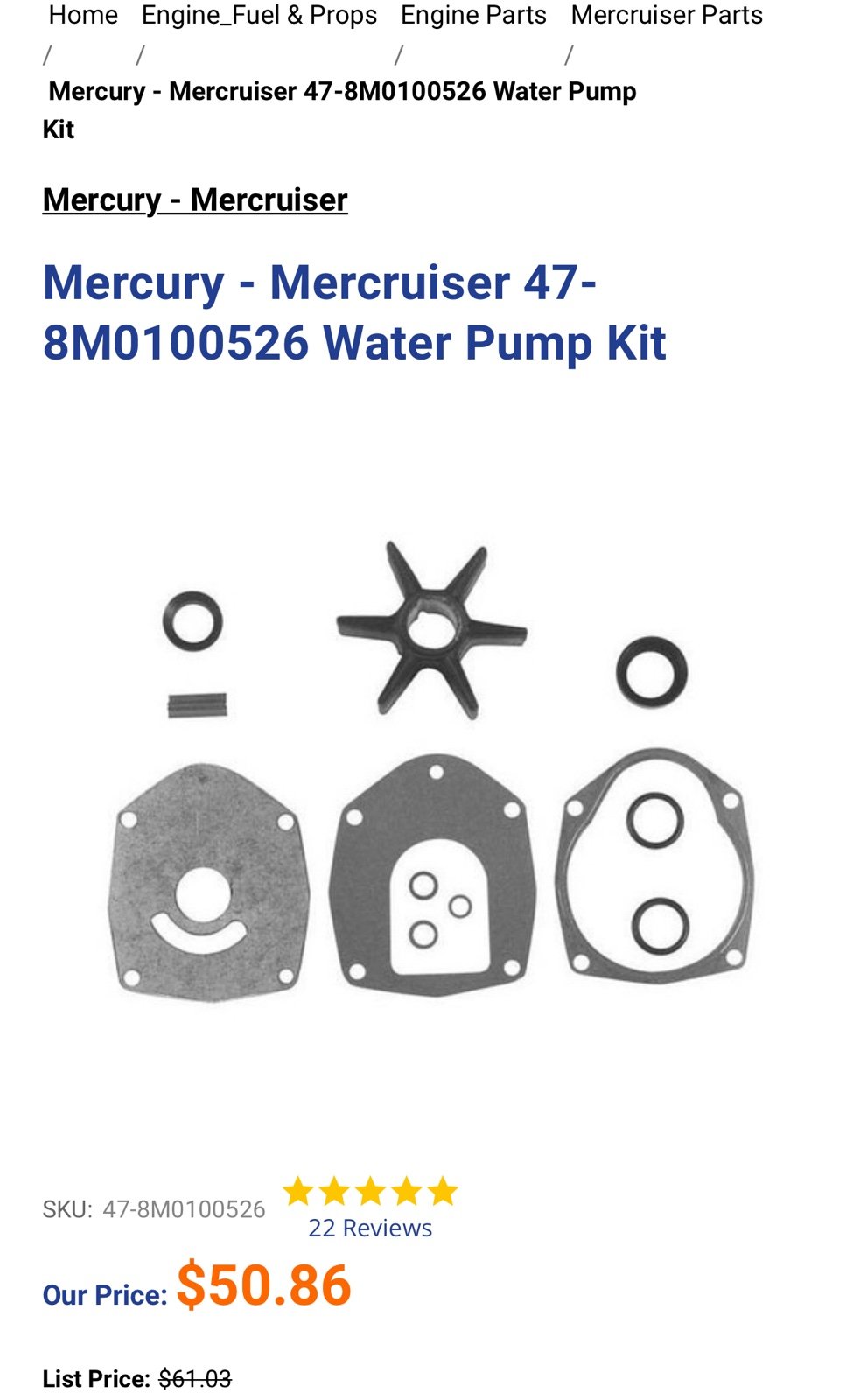Quicksilver Mercury Impeller Replacement 47-8M010056 for Mercury Mariner