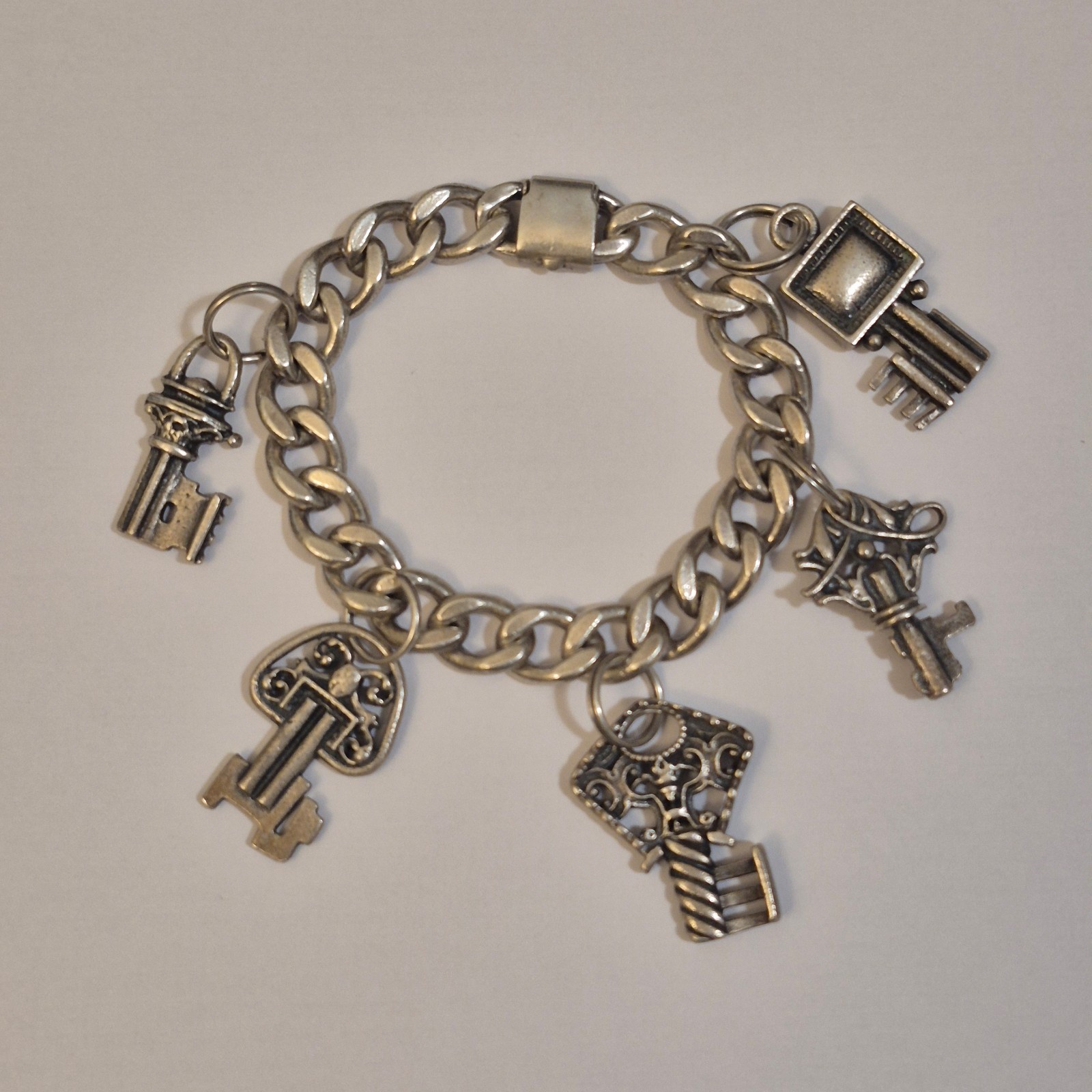 Napier Sterling Silver Chunky Curb Chain Charm Bracelet, Ornate Key Charms, 81g