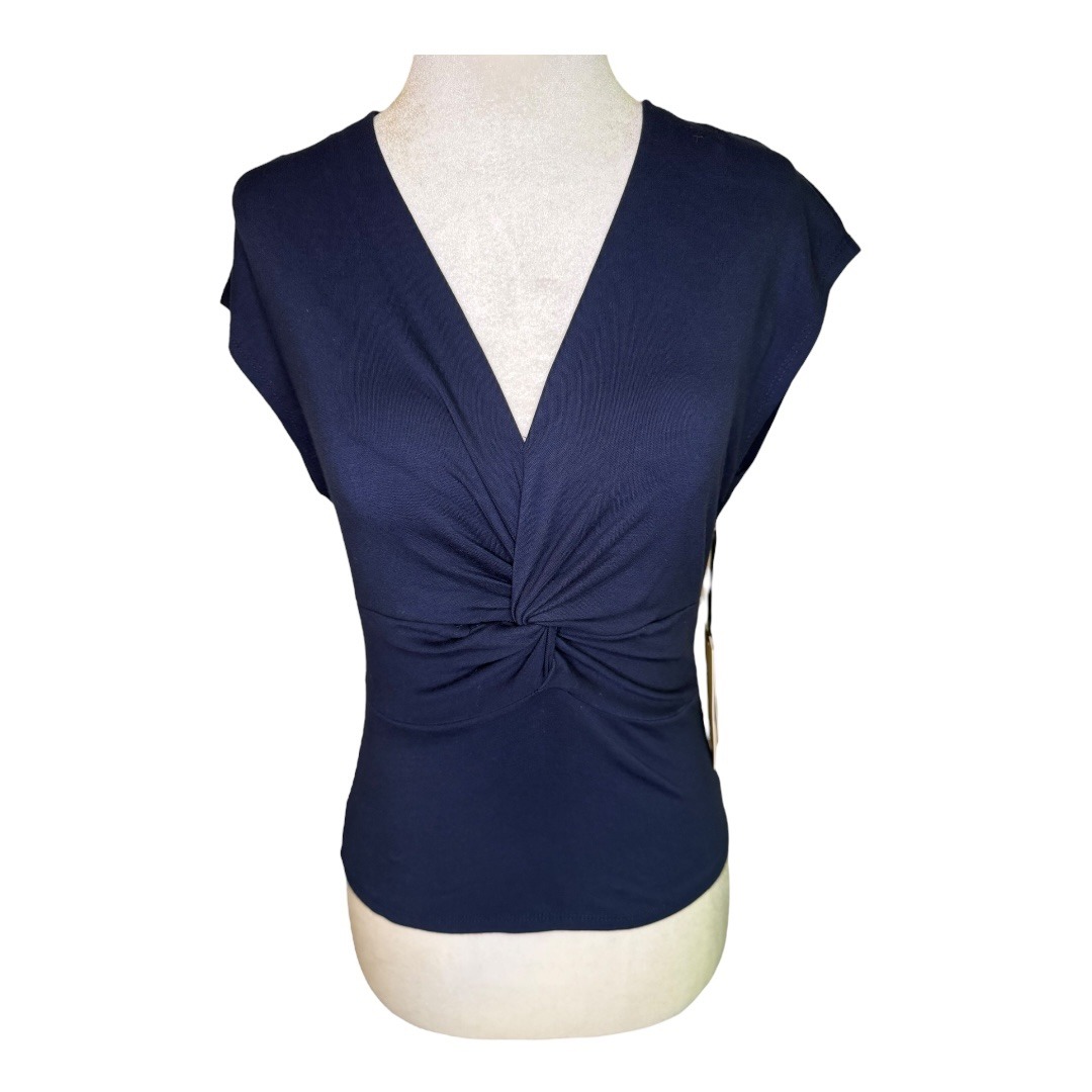 NEW Halogen Knot Front Top V-Neck Cap Sleeve Blouse Classic Navy Blue XS NWT