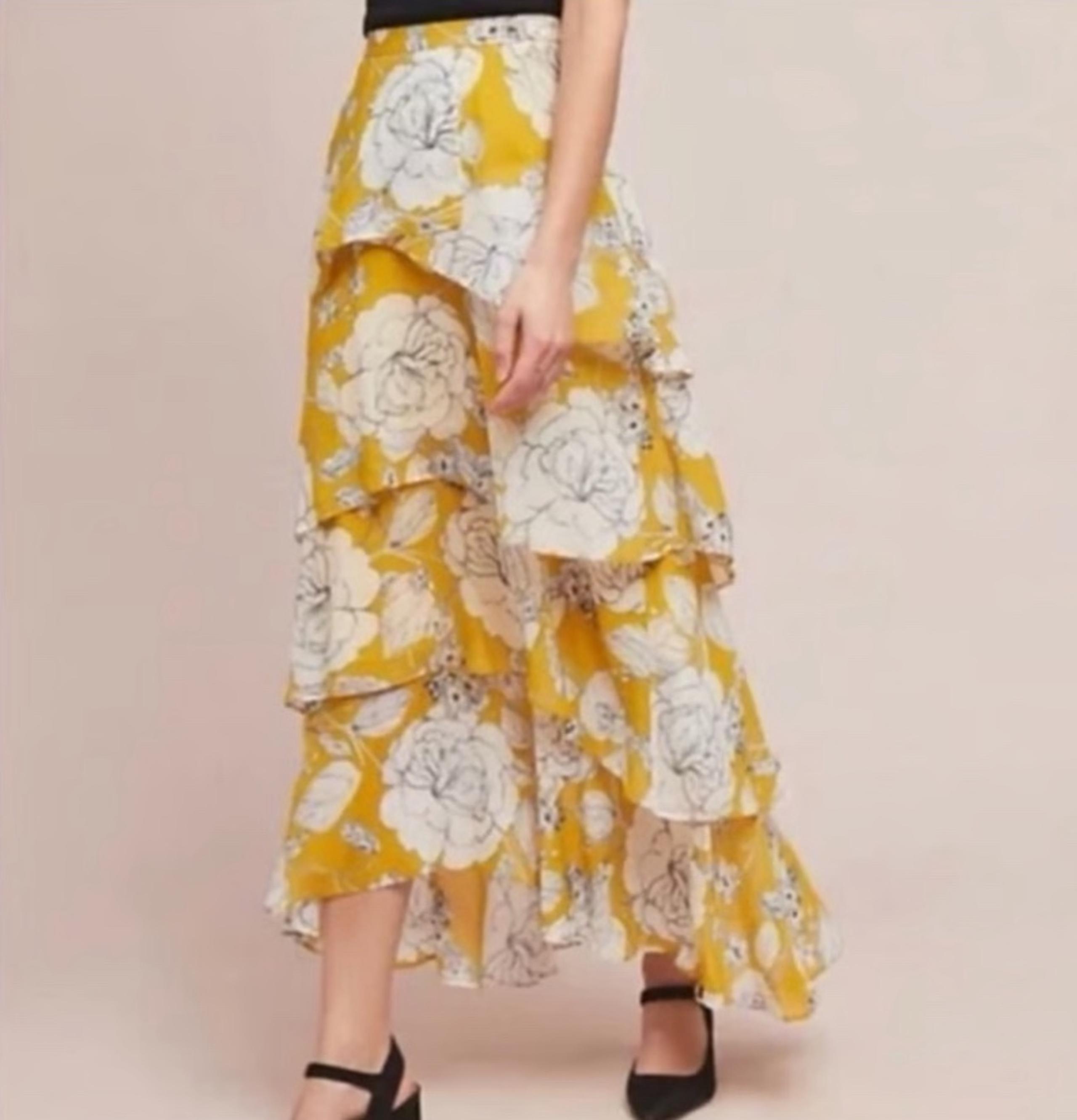 Anthropologie Yellow Floral Chiffon Tiered Layered Ruffle Maxi Skirt Women’s 0