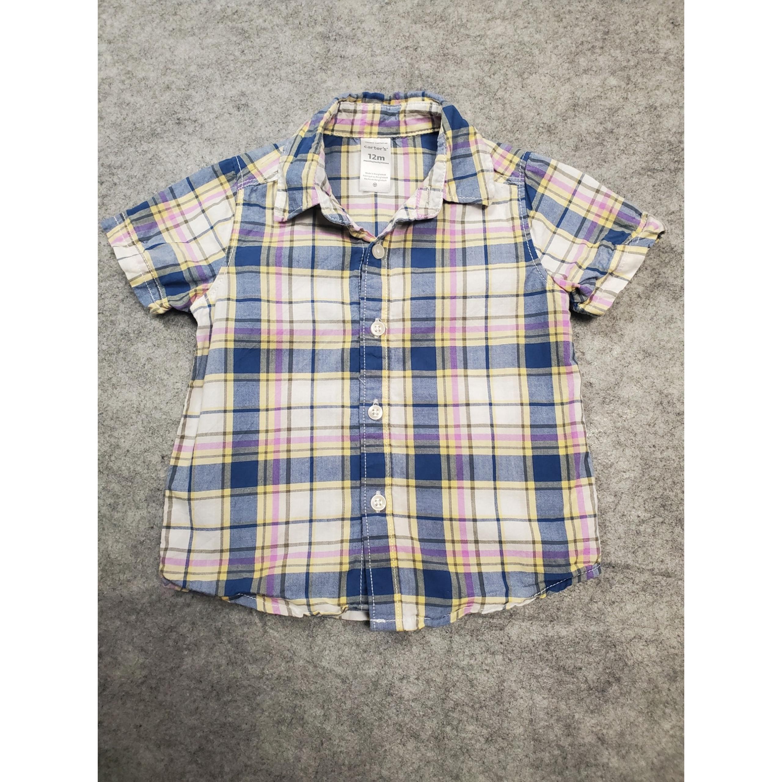 Carter's Boys 12M Blue, Pink & Yellow Plaid Short Sleeve Button Up Shirt