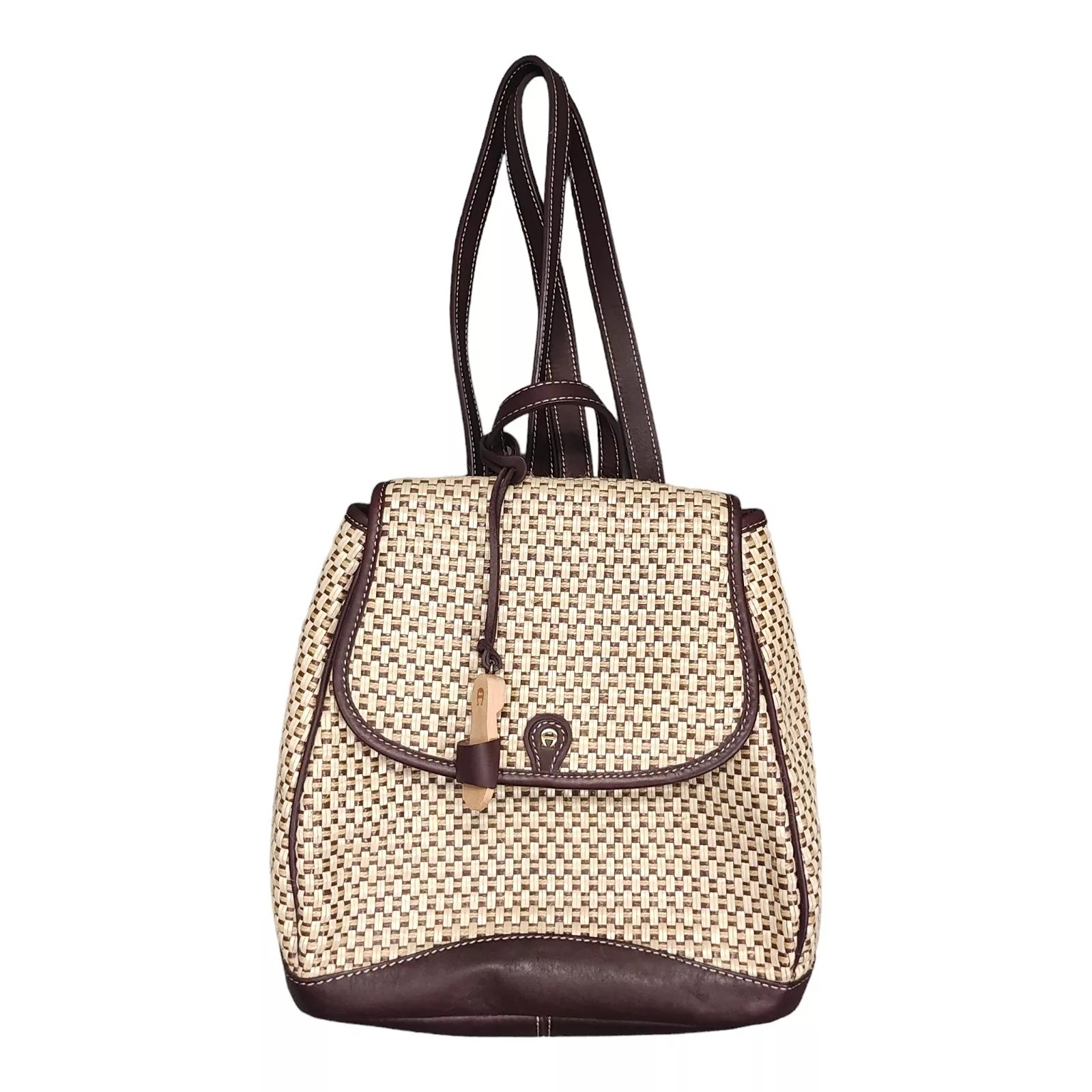 Etienne Aigner Vintage Woven Jute Leather Backpack - Stylish Retro Fashion