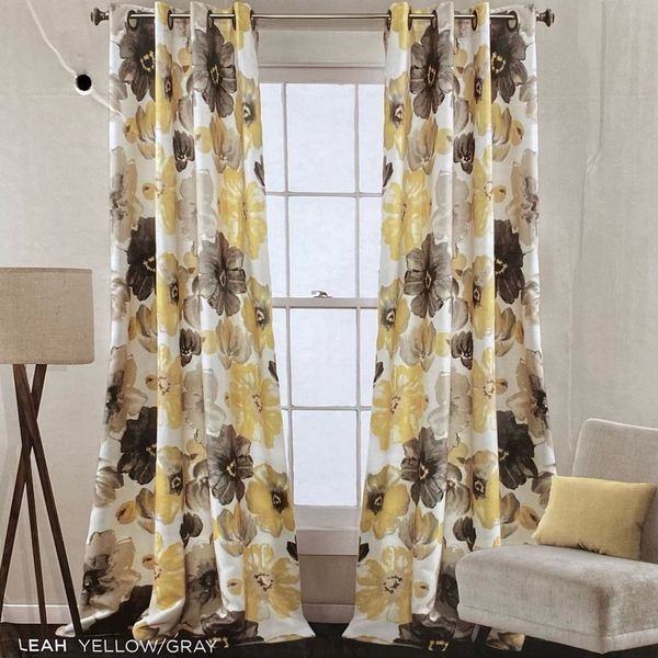 NWT New Half Moon Leah Yellow/White/Grey Floral Curtain Panels 52 x 108