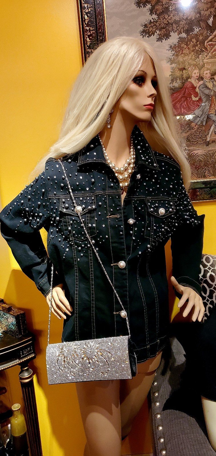 Denim Jacket Embellished with Rhinestones and Pearls
