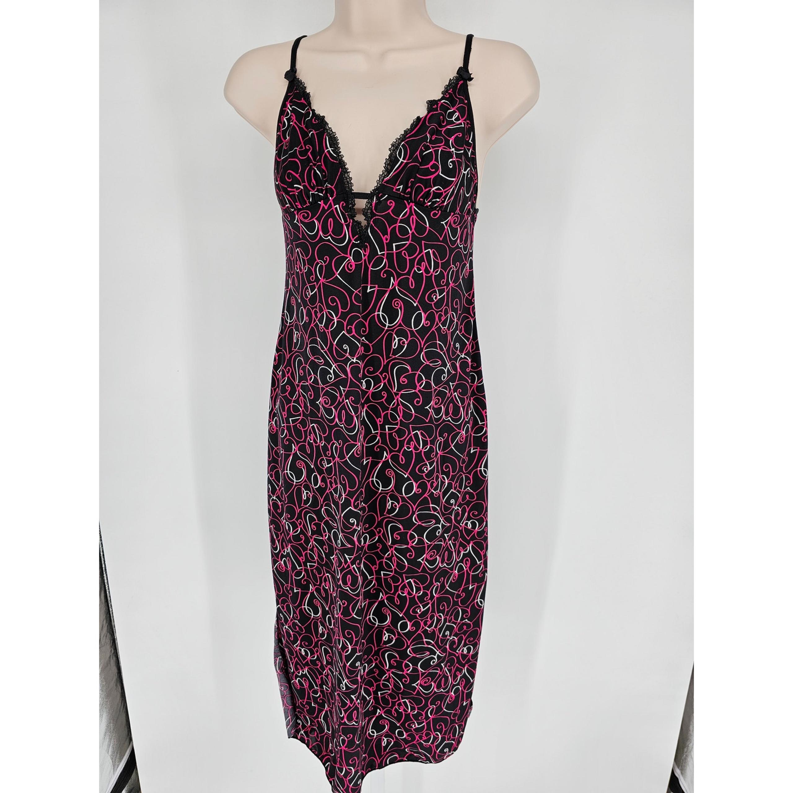 Vintage Y2K Smart & Sexy Womens Sz S Midi Length Nightgown Black w/ Pink Hearts