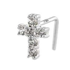 Stamped 14k Solid WHITE GOLD Cross CZ Nose Stud