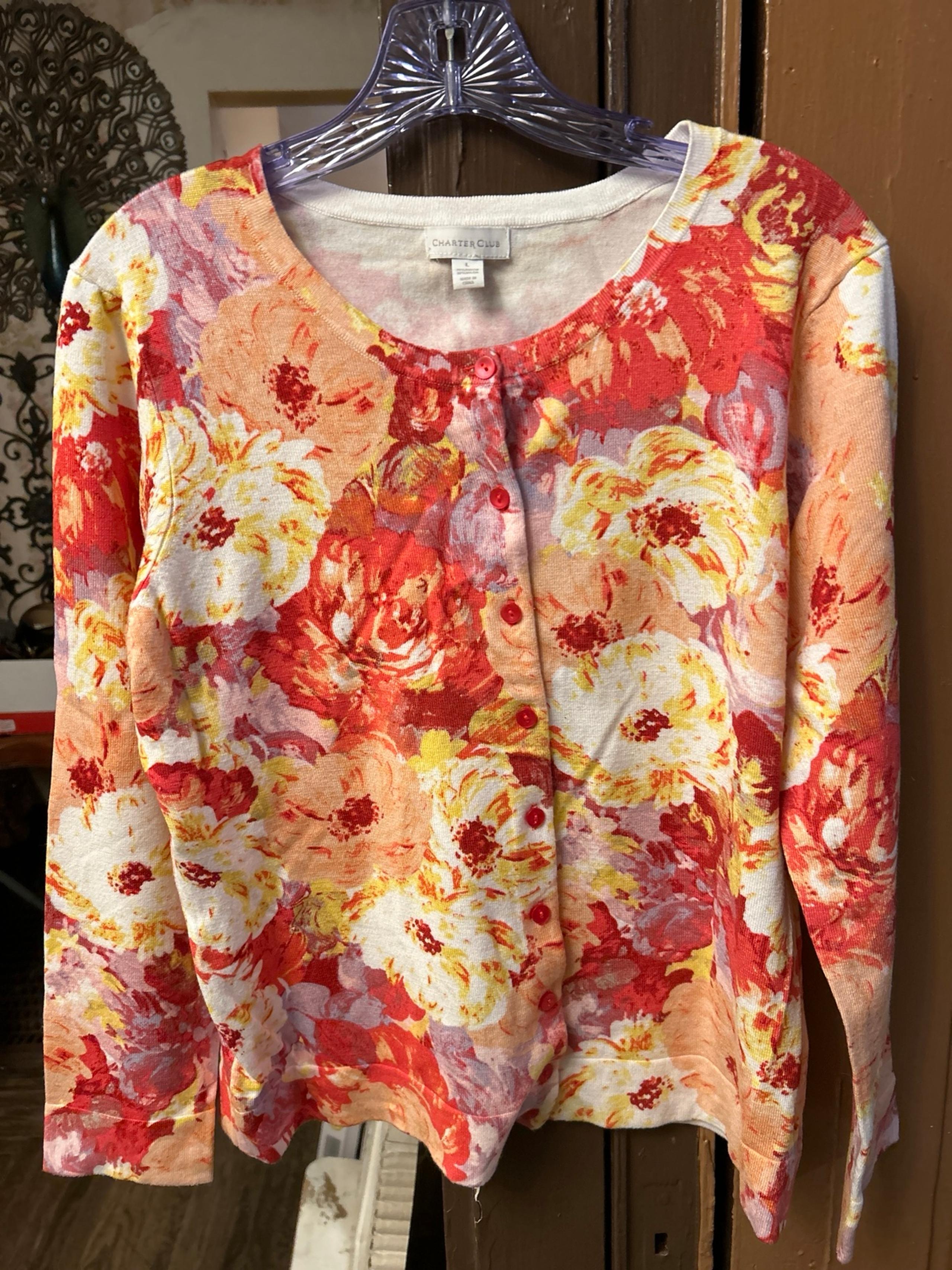 Rose, beige and pink thin button up floral sweater