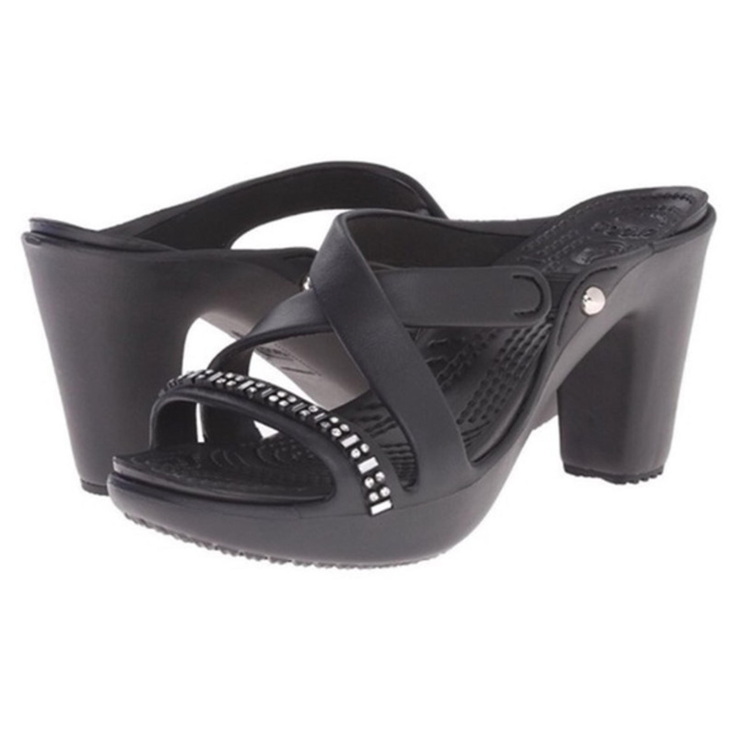 Crocs Cyprus IV Black Rhinestone Stacked Heel Sandals Women's Size 9 202267