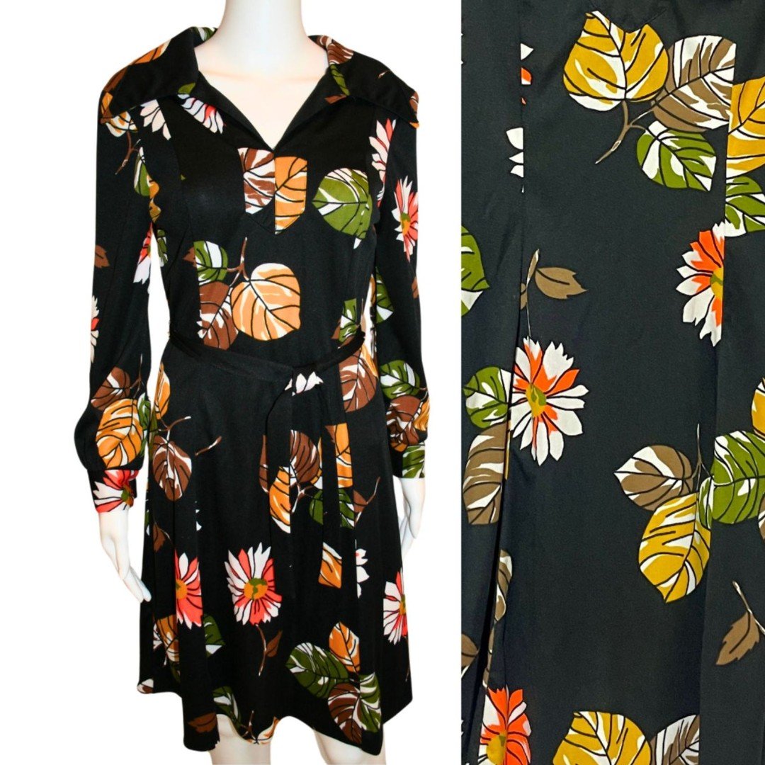 1970s Floral Print Black Orange Long Sleeve Boho Hippie Mod Dress Medium