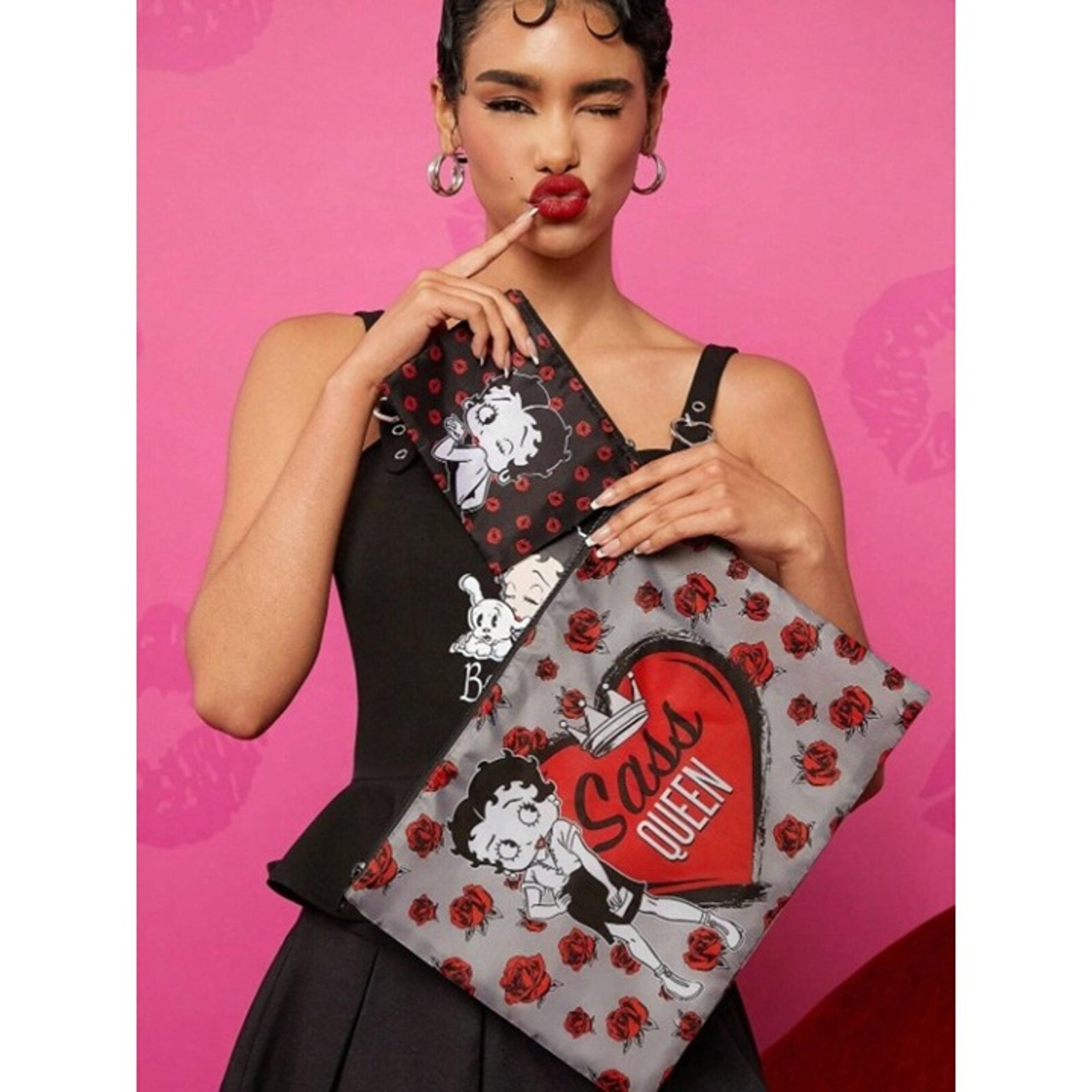 Betty Boop 2-Piece Makeup Bag Set Zipper Storage Pouches Floral Heart Design