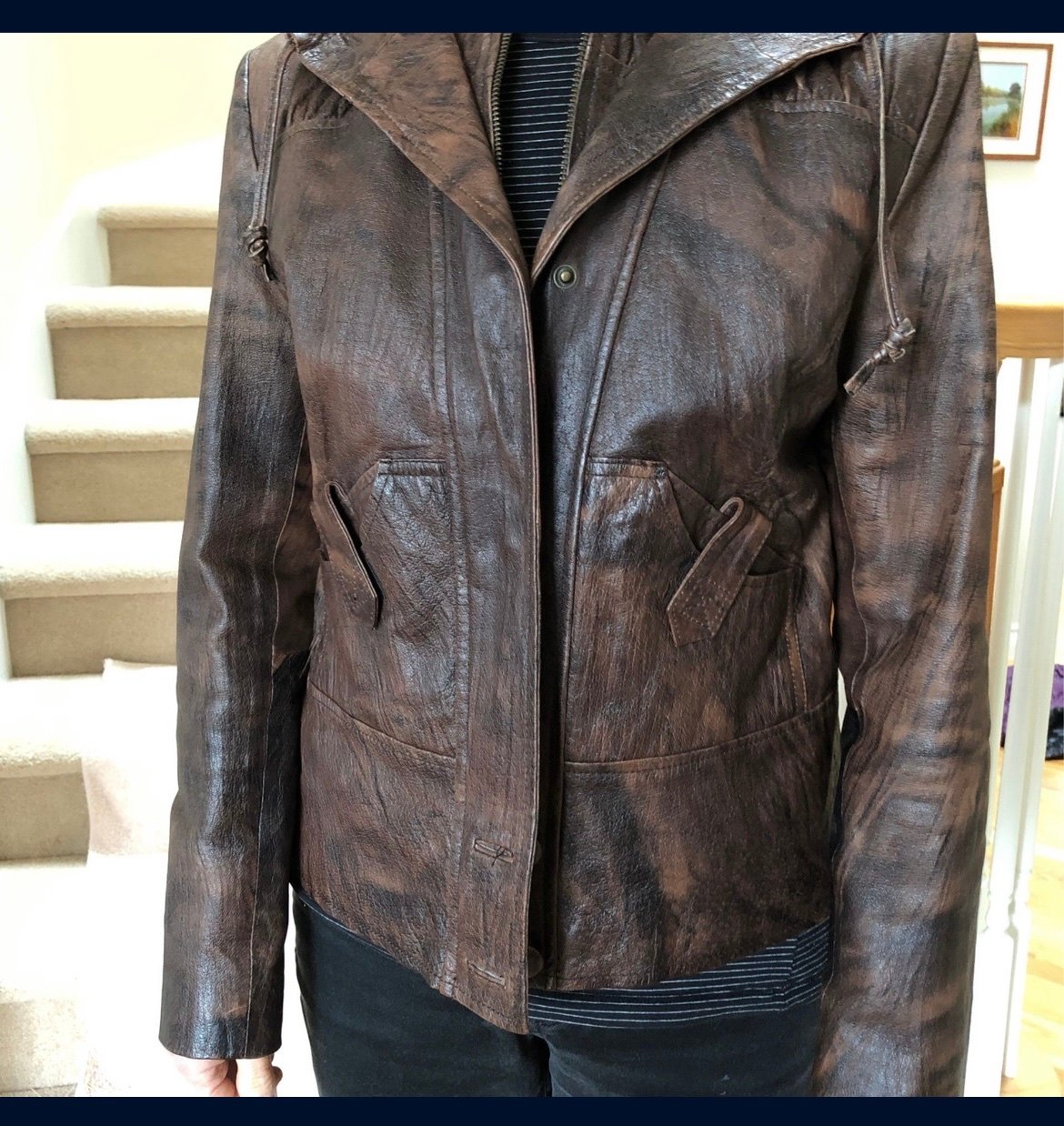 Cool vintage brown leather hooded jacket size m