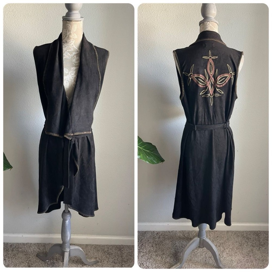 Tasha Polizzi Faux Suede Embroidered Long Tie Waist Vest in Brown