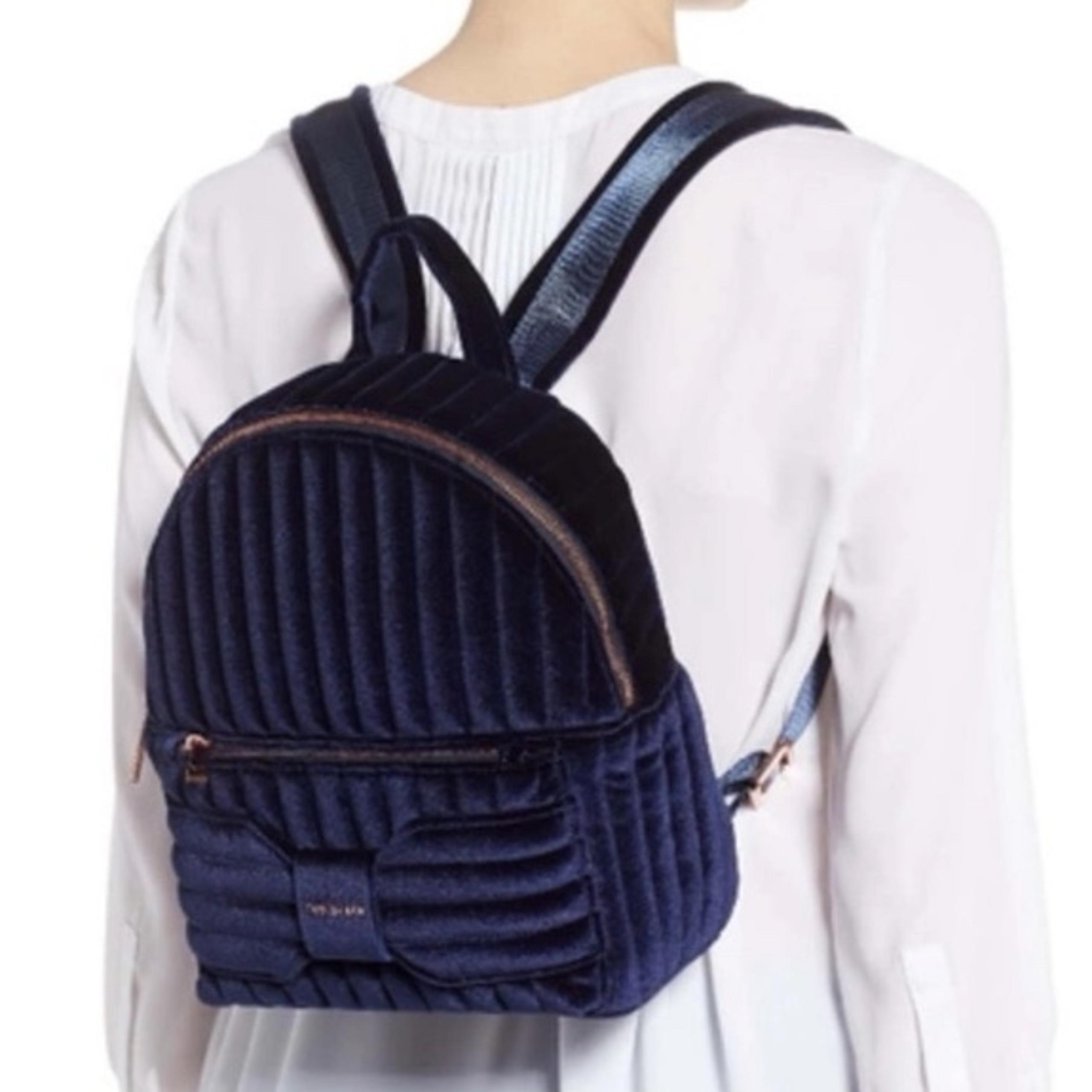 NWT Ted Baker London Quilted Velvet Mini Backpack – Navy Blue with Bow Accent