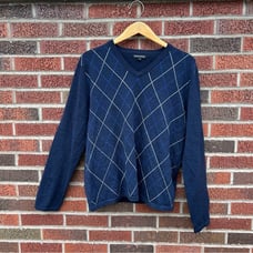 Express Navy Blue Argyle Gray and White Pullover V Neck Sweater