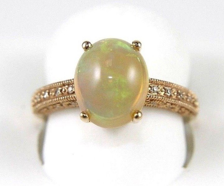 Oval Fire Opal & Diamond 14k Gold Ring