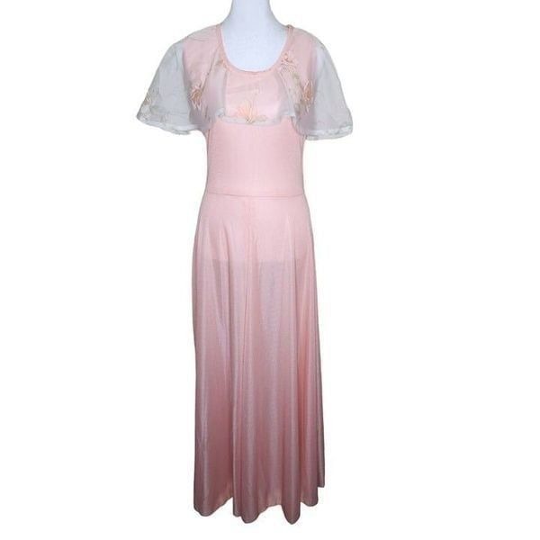 Vintage 70s Maxi Dress Sheer Capelet Womens Size L Peach Pink Floral Garden Part