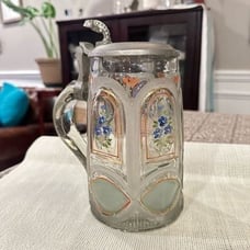 L. Muller 1876 Rare Antique Cut Glass Handpainted Stein Mug with Pewter Lid