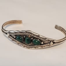 Estate Navajo signed BAHE malachite and sterling cuff bracelet.  Cira 1980'