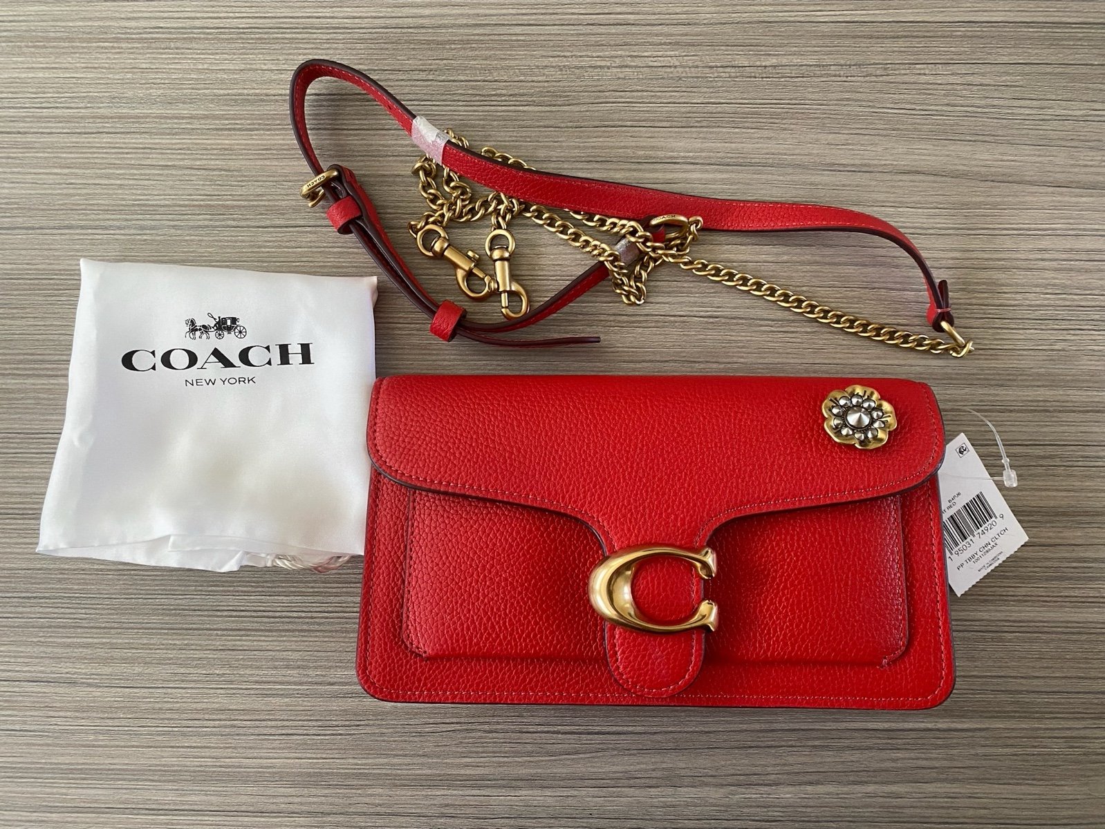 NWT Coach Tabby Crossbody Chain Clutch with Tea Rose Pin Brass / Sport Red