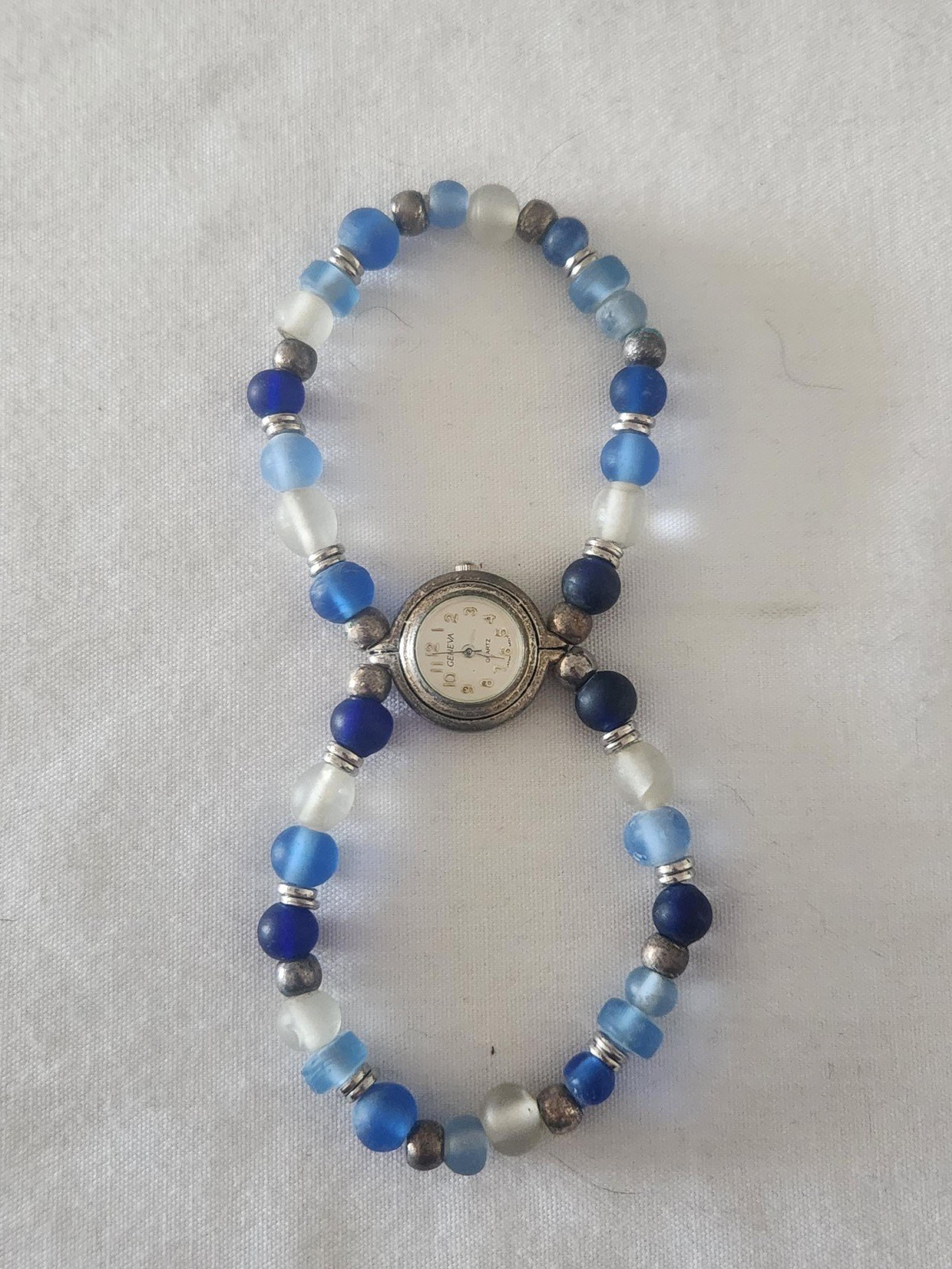 GENEVA Dual Blue Crystal Beads Silver-tone Metal Bracelet Analog Wrist Watch. VG
