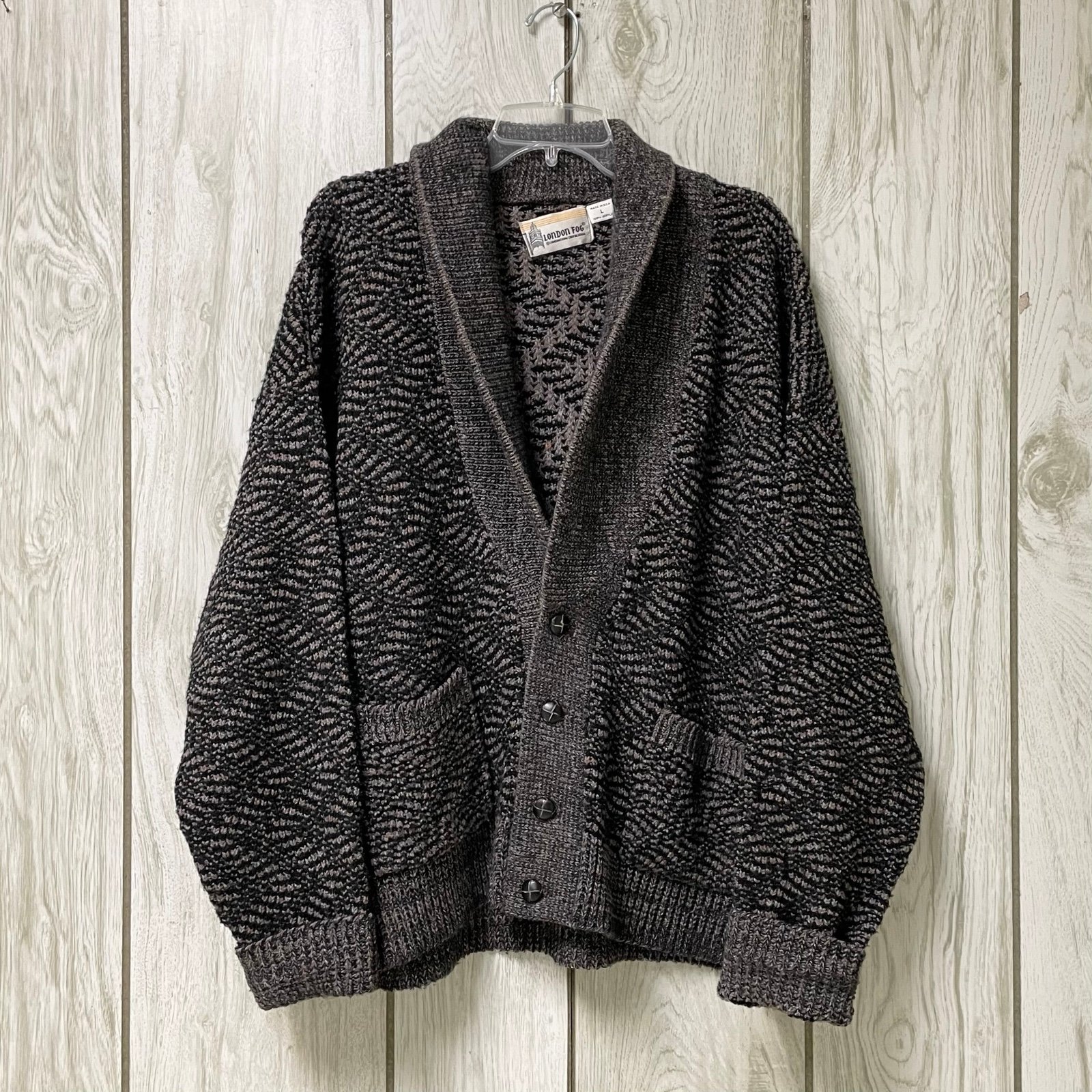 VTG London Fog Men Charcoal Gray Chevron Shawl Neck Button-Up Cardigan Sweater L