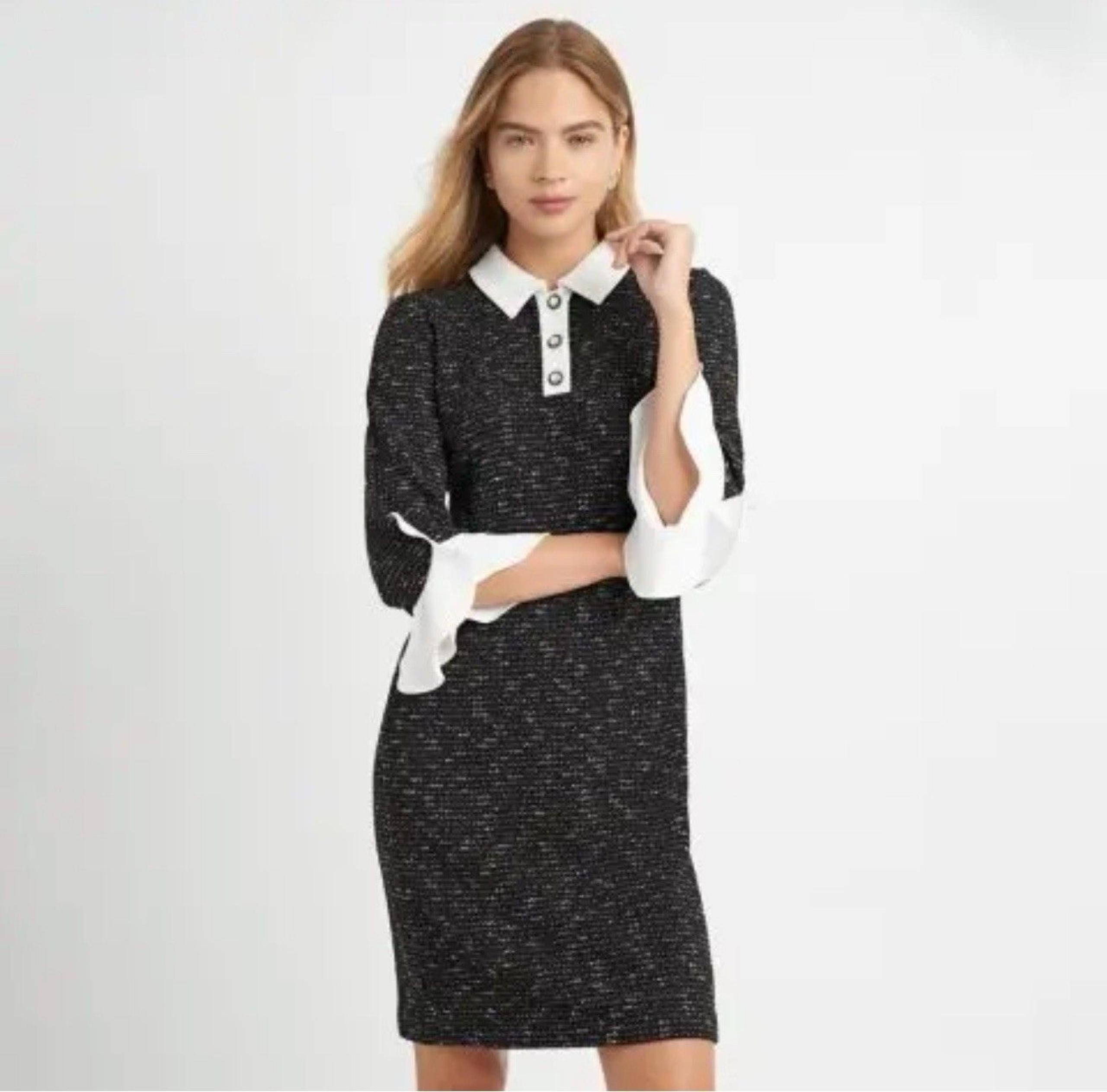 Karl Lagerfeld Black Tweed collared Ruffle Sleeve Peal Button Sheath Dress Sz 6