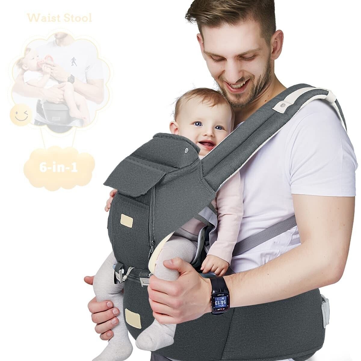 6-in-1 Baby Carrier with Waist Stool, One Size Fits All - Infant & Toddler