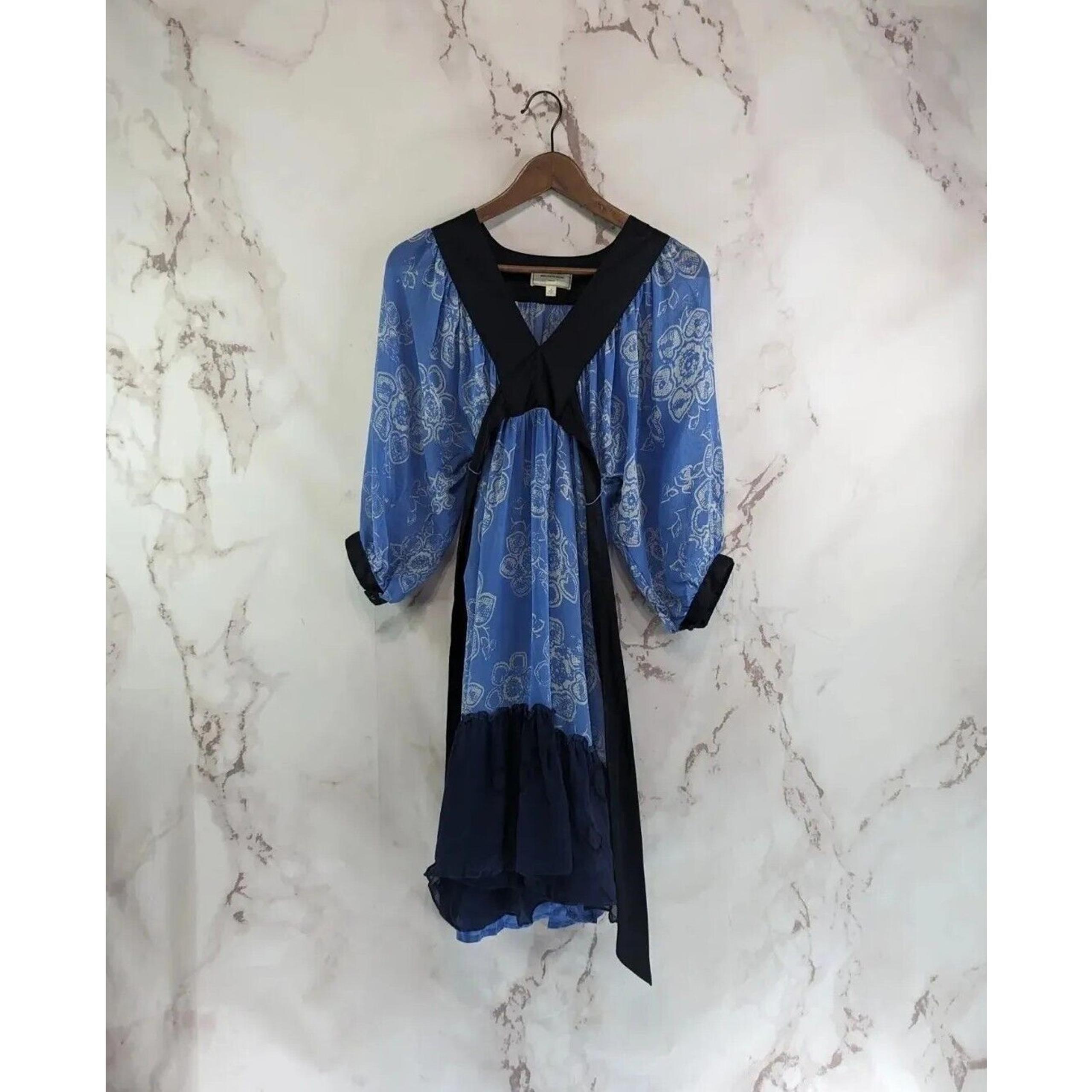 Anthropologie Dress Women XS 2 Blue Silk Print Tie Mini Moulinette Soeurs Kimono