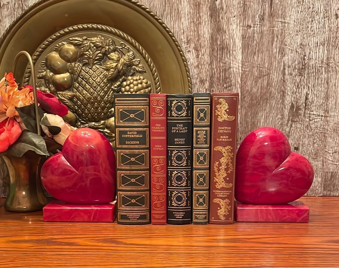 Pair of Hand Carved Red Alabaster Stone Heart Bookends