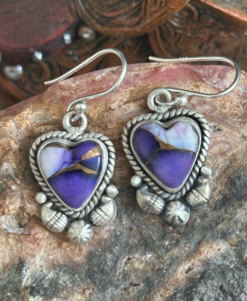 Purple Grape Dahlia Heart Southwestern Sterling Silver Earrings